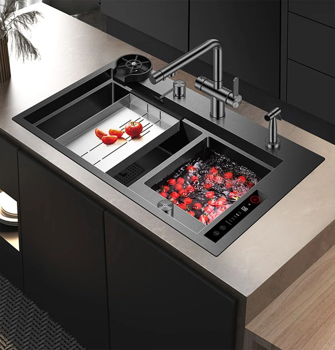 Multi functional intelligent sink water catalyst purification sink 304 stainless steel double kitchen sink with cup washer