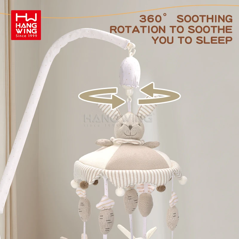 HW 0M  Infant Bed Musical Mobile Bedbell Cute Cartoon Rabbit Shape Rotating Crib Bell with Stuffed Plush Animals Hanging Toys