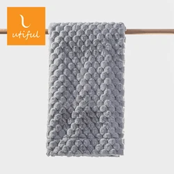 Decorative fluffy Pompom knit gray color solid and stripe printed polyester rabbit faux fur fleece mink blanket reversible