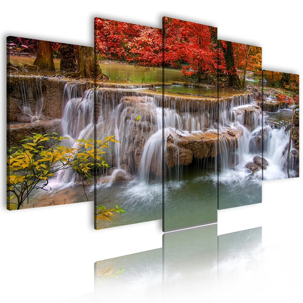 Waterfall Painting Scenery Canvas Panel Custom  Decoration Landscape Decorative Home Living Room Picture Prints 5 Piece Wall Art
