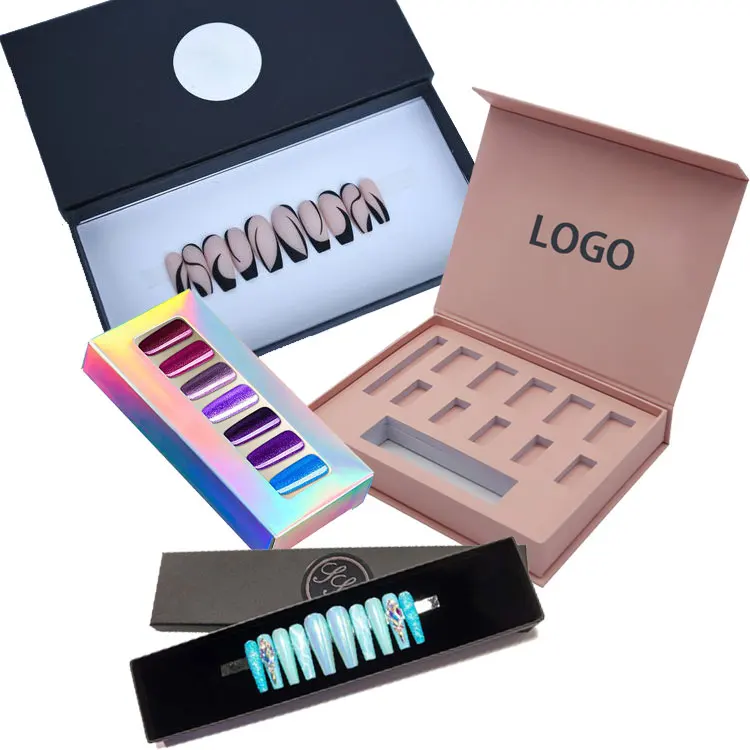Black Pink Empty Luxury Custom Design Size Nail Magnetic Folding Paper Packing Boxes False Press On Nail Packaging Box For Nails