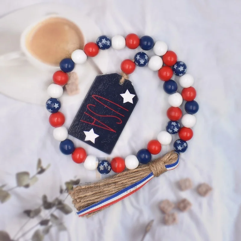Wholesales 4th of July Red White Blue Patriotic Wood Bead Garland with Tassels USA Tag for Independence Day Decoration Memorial