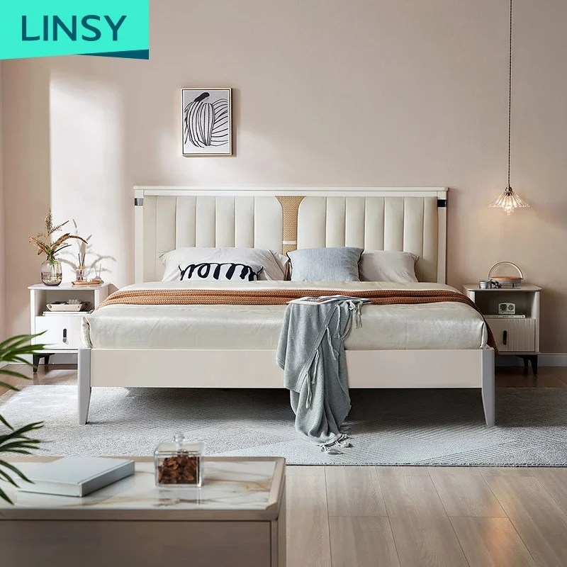 LINSY Luxury King-Size Solid Wood Platform Bed with Leather LS227A1-A