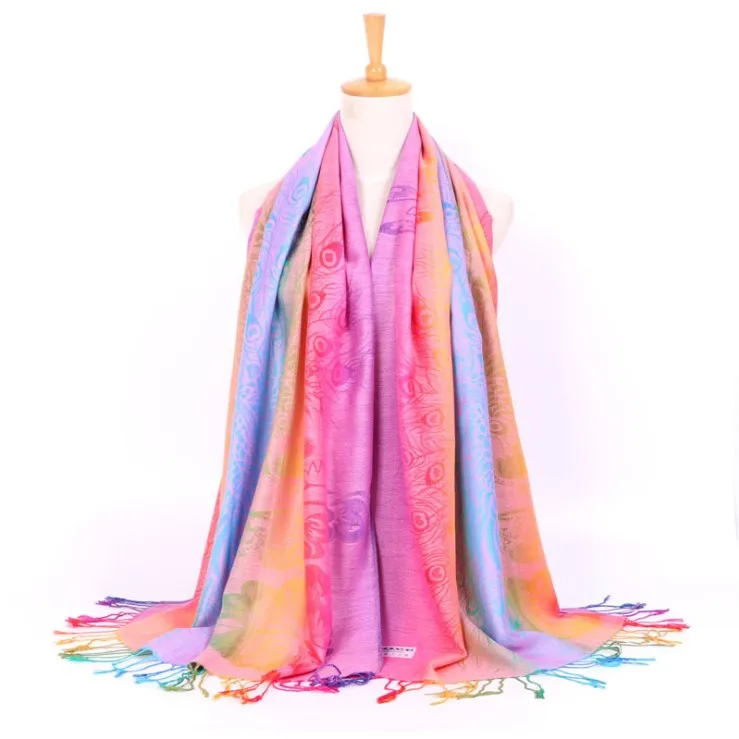 New Colorful Rainbow Scarf Pashmina Jacquard Peacock Shawl