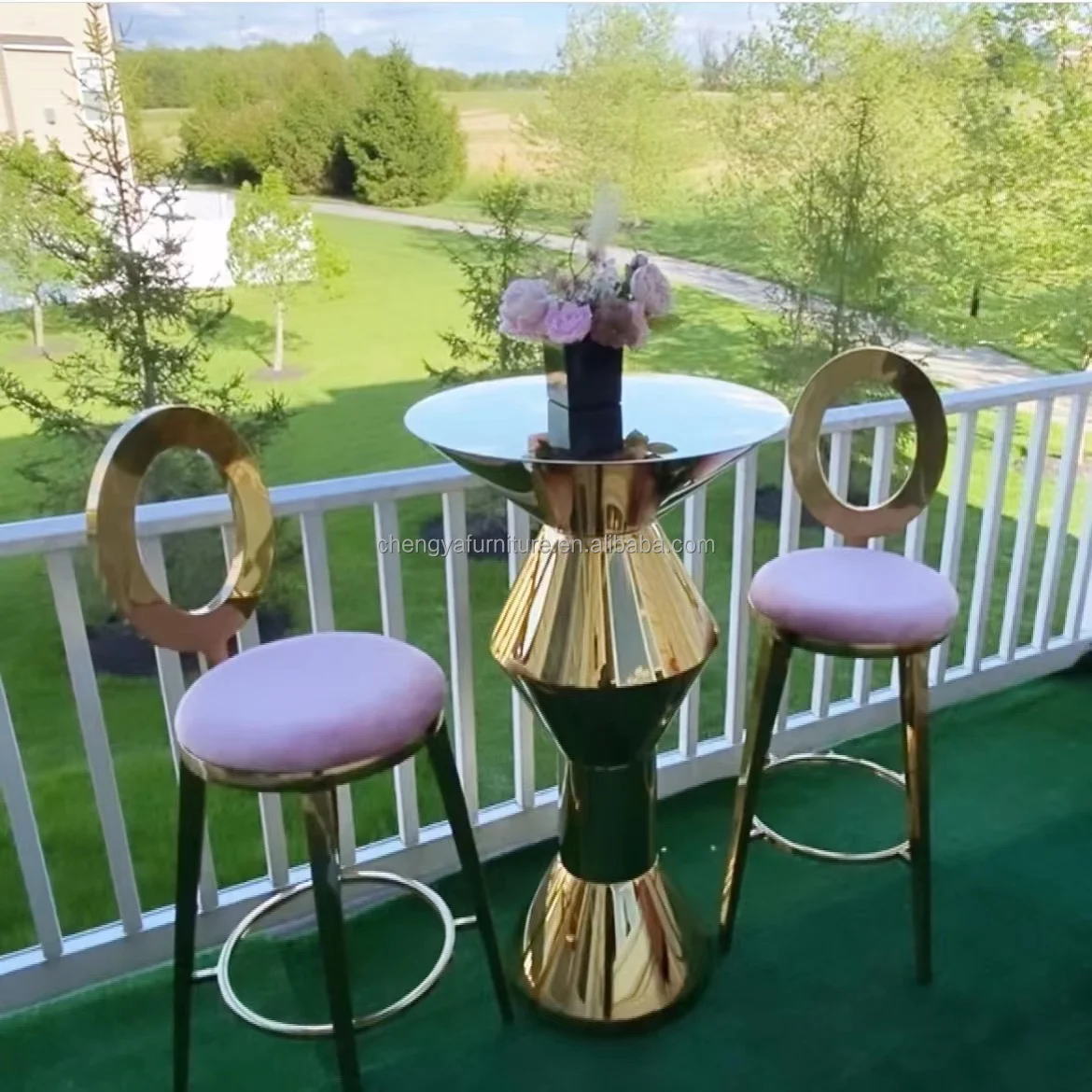 Party furniture gold stainless steel metal glass top bar table and stool set