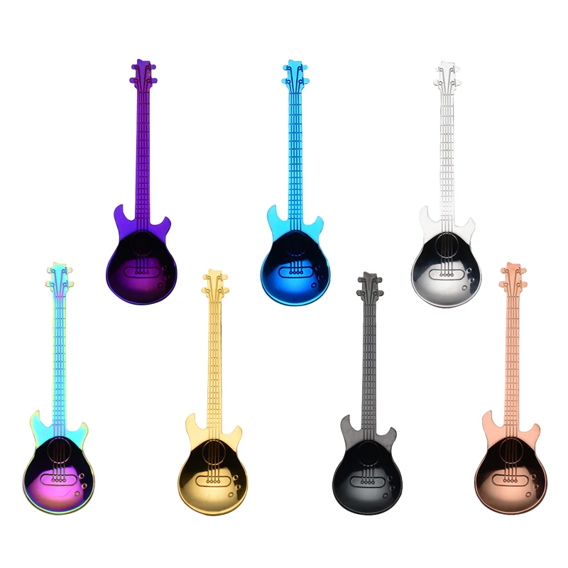 
Unique Guitar Shape Colorful Stainless Steel Small Coffee Spoon Dessert Sugar Spoon Flatware Cutlery Set for Party 