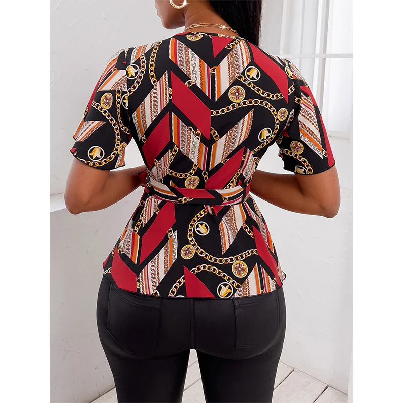 2022 new collection deep v neck short sleeve mature women printing slim bow flared hemline sexy blouse tops