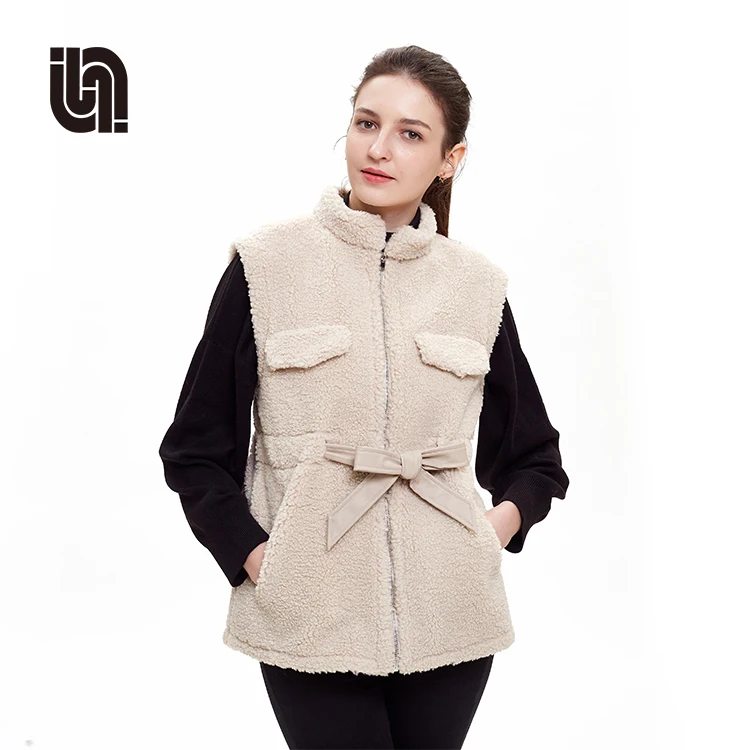 
Turn-down Collar Full-zip Fuzzy Women Winter Wool Sherpa Vest Without Hoodie 