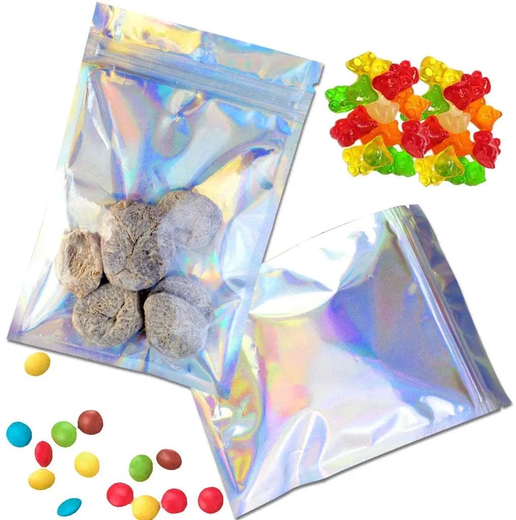 
Rainbow Color Holographic Mylar Bag Smell Proof Resealable Ziplock Packaging Bag for Food Storage 