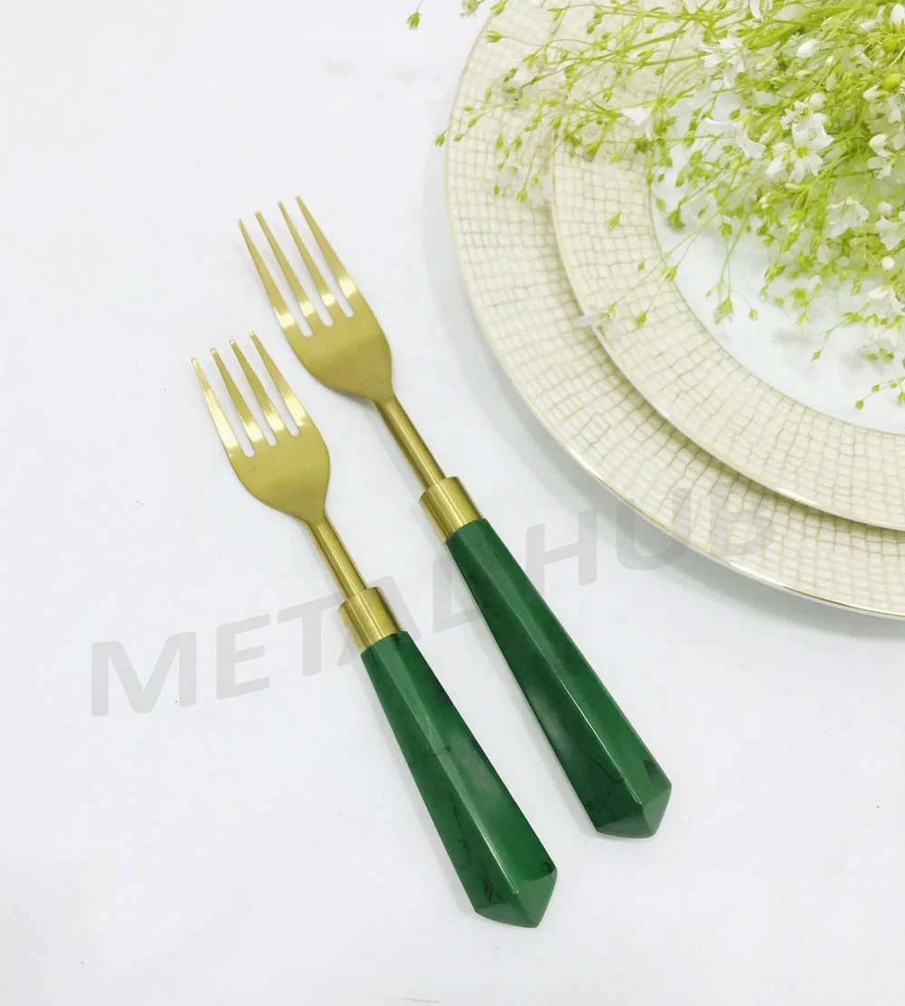 Stainless Steel Gold Flatware Set W/Green Handle S/5 & 7 Pcs. place setting, Flatware Set, Wedding Party Set