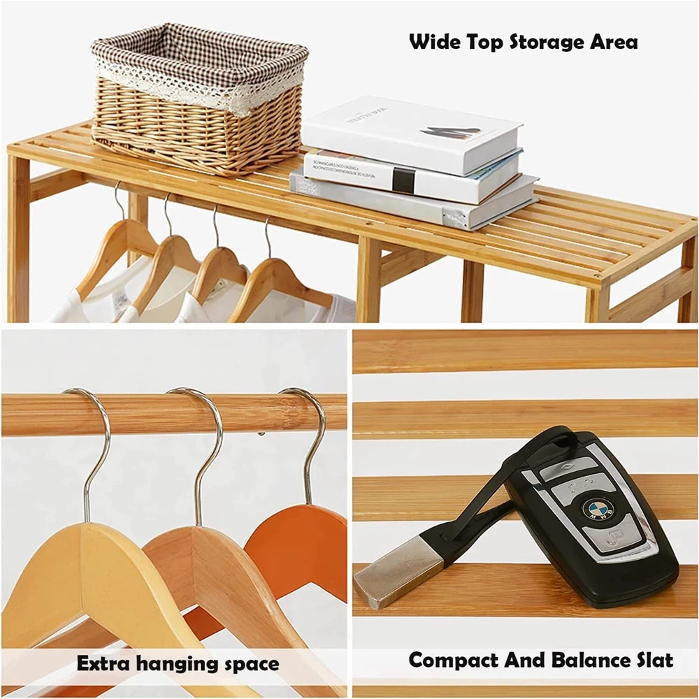 Three-in-one hanging space with wheel design is sturdy and beautiful bamboo clothes shelf