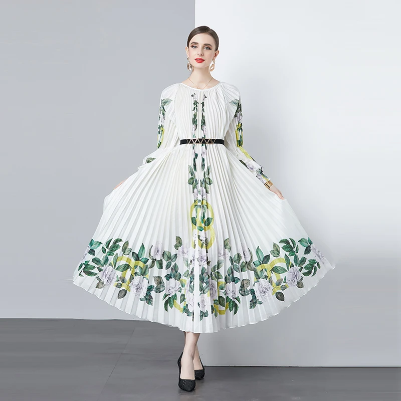 High-Quality Polyester Fabric Loose A-line Skirt with Elastic Waistband Printed Casual Midi Pleated Women Clothing Dress