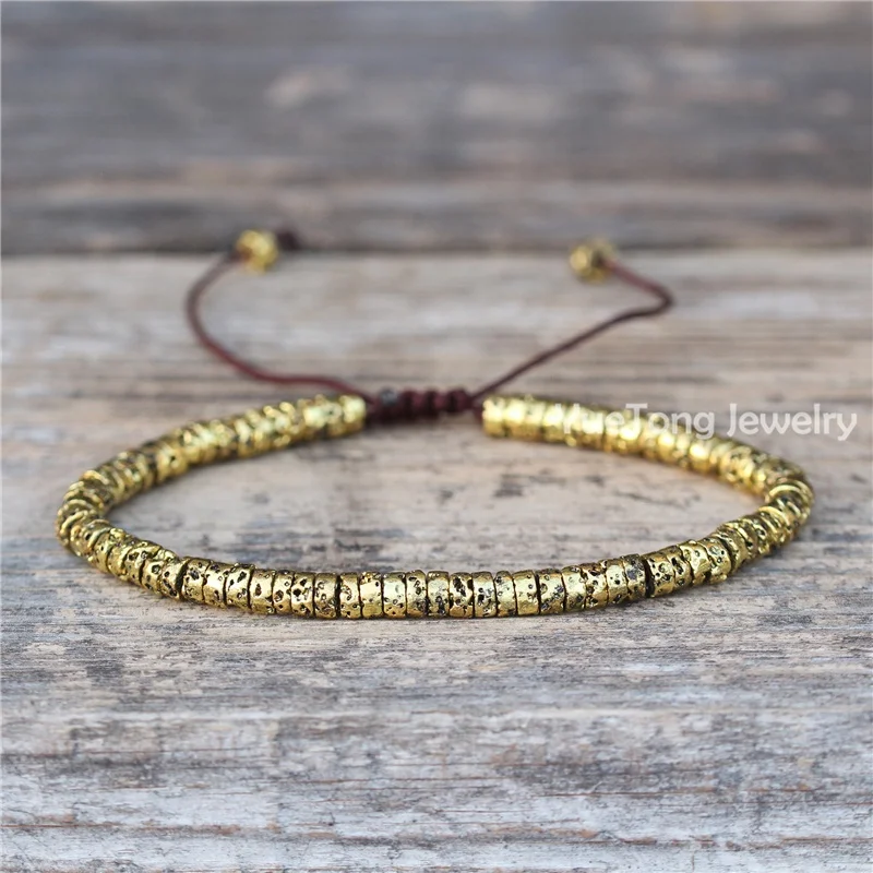 Bohemian Dainty Beaded 4mm Plated Natural Lava Stone Adjustable Bracelet Ethnic Tibetan Multi Colors Gemstone Jewelry Wholesale