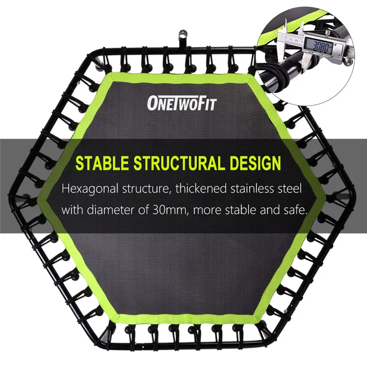 onetwofit quality factory price Hexagonal elastic rope commercial model with armrest ultra-quiet bounce bed  Fitness Trampoline