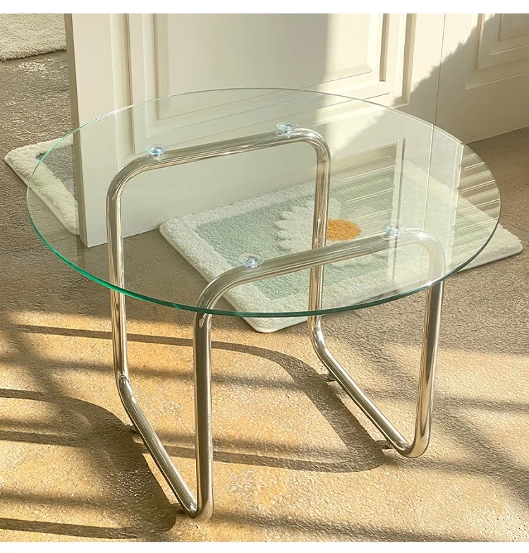 Nordic small round table light luxury sofa living room side table sliver stainless steel round tempered glass coffee table
