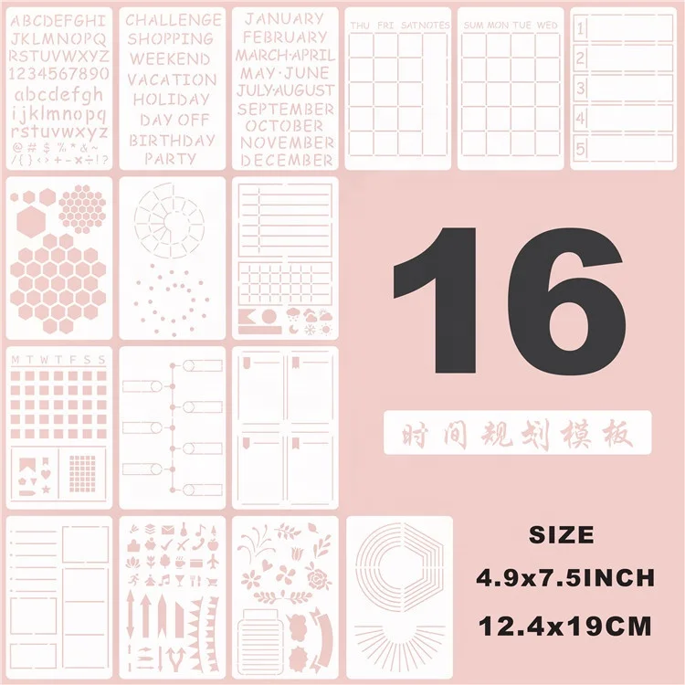 16 Pieces Journal Stencils Plastic Planner DIY Drawing Template for for Journal Time Saving Planner