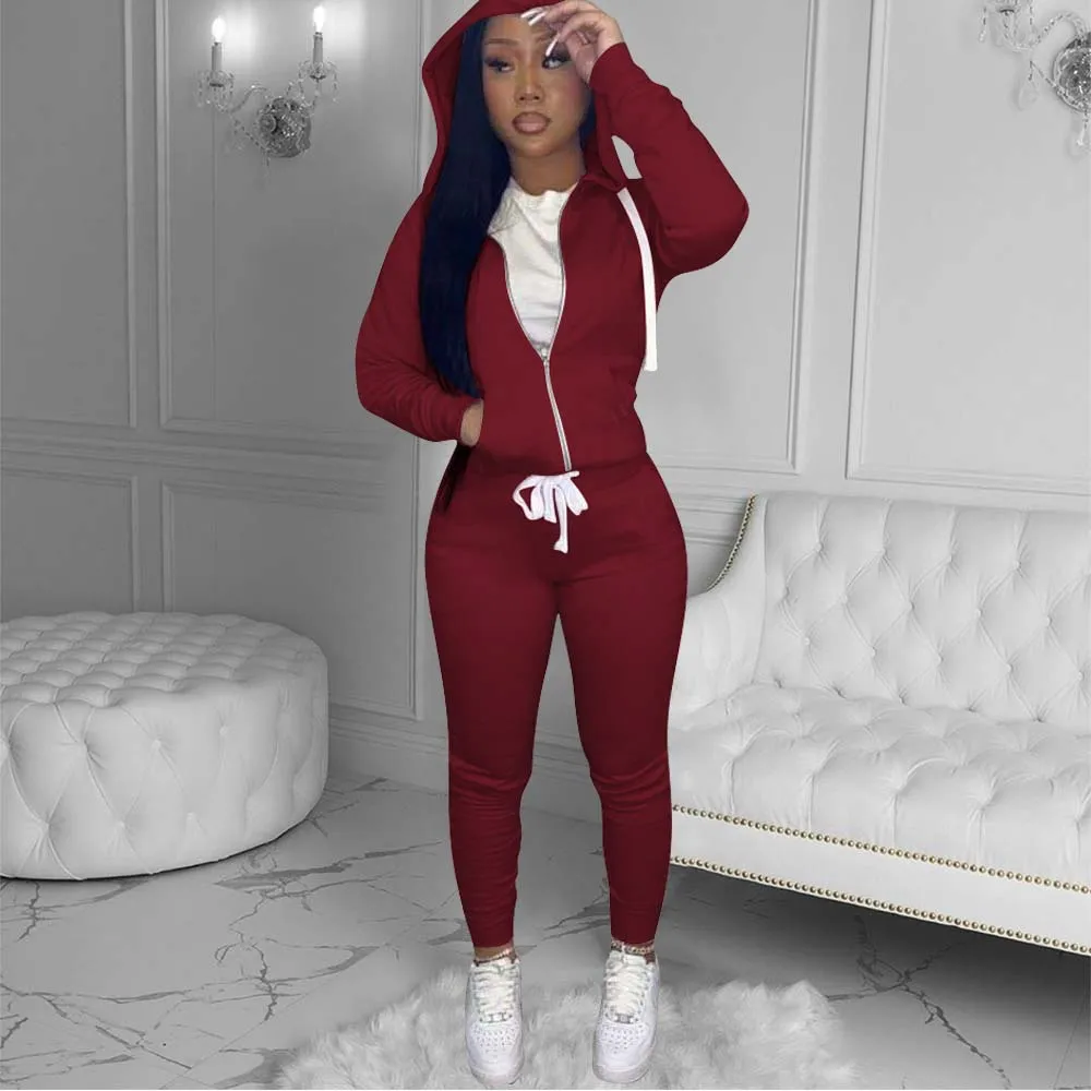 womens winter clothing 2021 zipper hoodie set cotton thick fleece Sweatsuit woman tracksuit two piece jogger Set