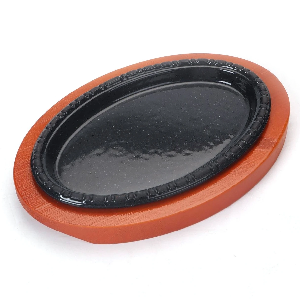 Cast Iron Oval Sizzler Sets Hot Serving Dish Steak Frying BBQ Roasting Baking Mini Grill Plate With Wooden Tray