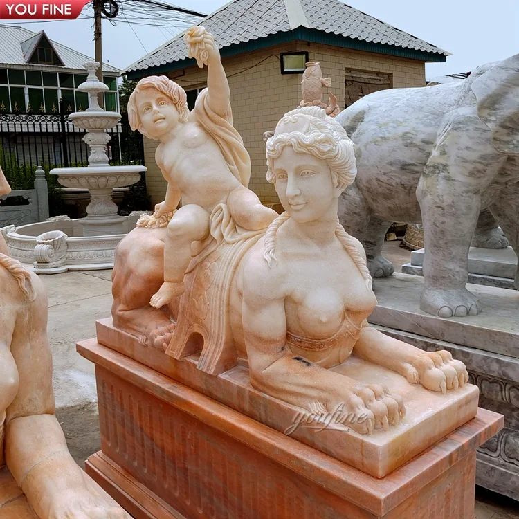 Уличная садовая статуя из натурального камня ручной работы под старину Египетский Сфинкс мраморная