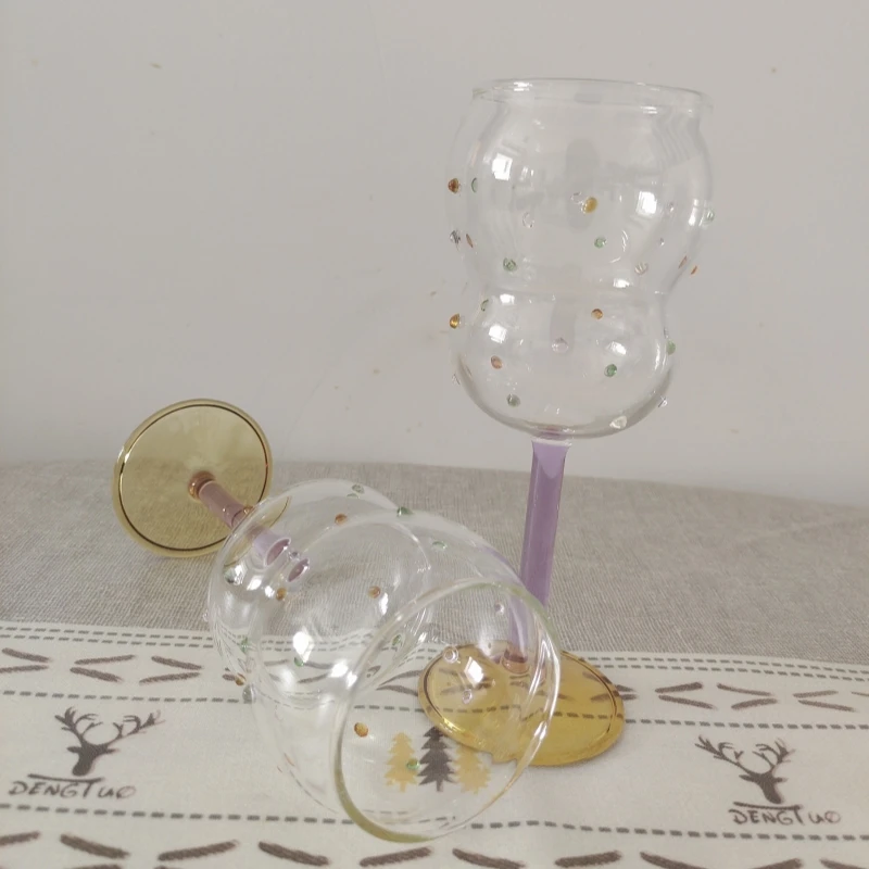 New Design Star Round Colorful Dot Wine Glasses Thin Purple Stem Drinking Glassware Red Wine Goblet with Yellow Base Party