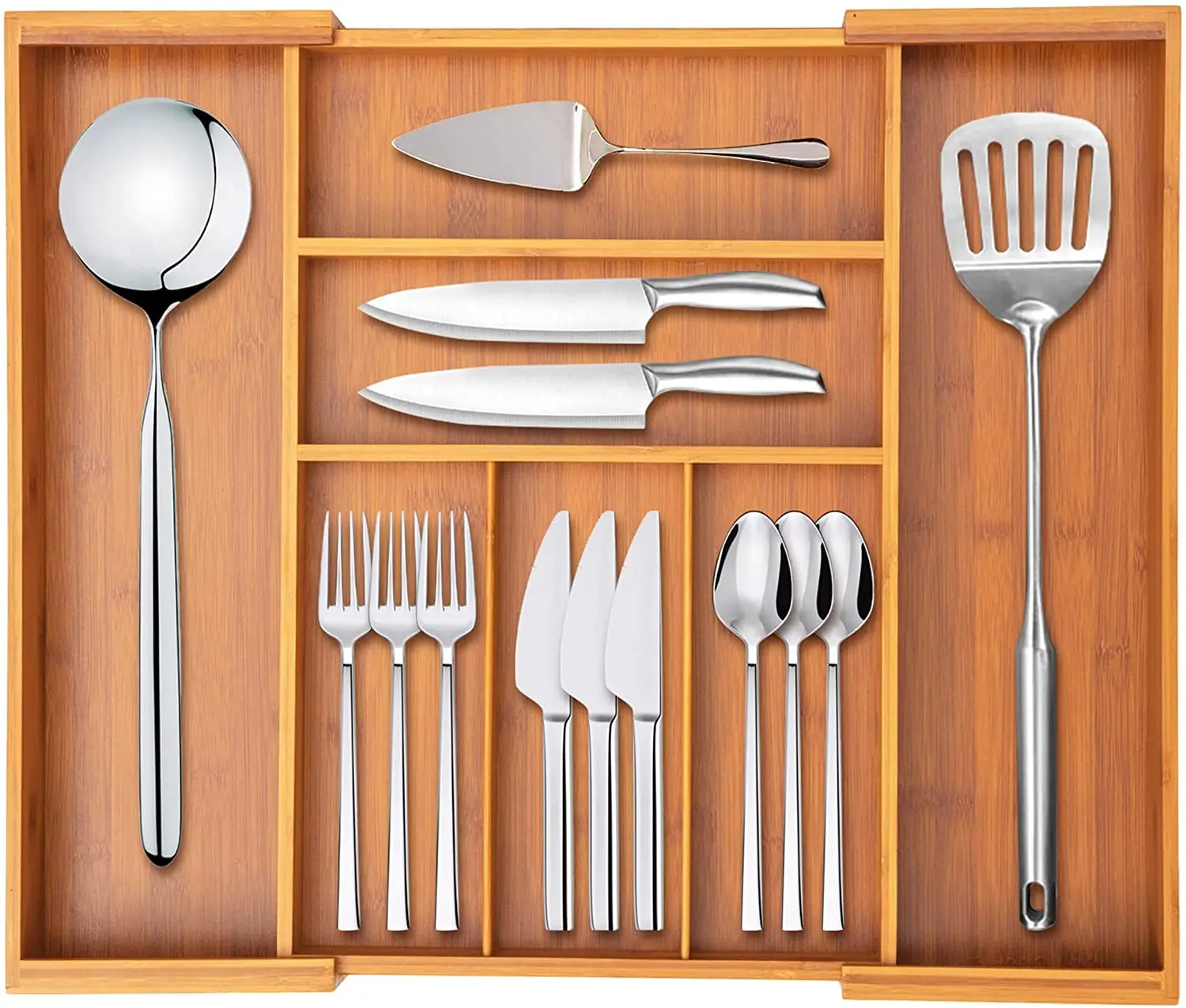 Bamboo Silverware Drawer Organizer Kitchen, Expandable Utensil Holder and Cutlery Tray with Divider