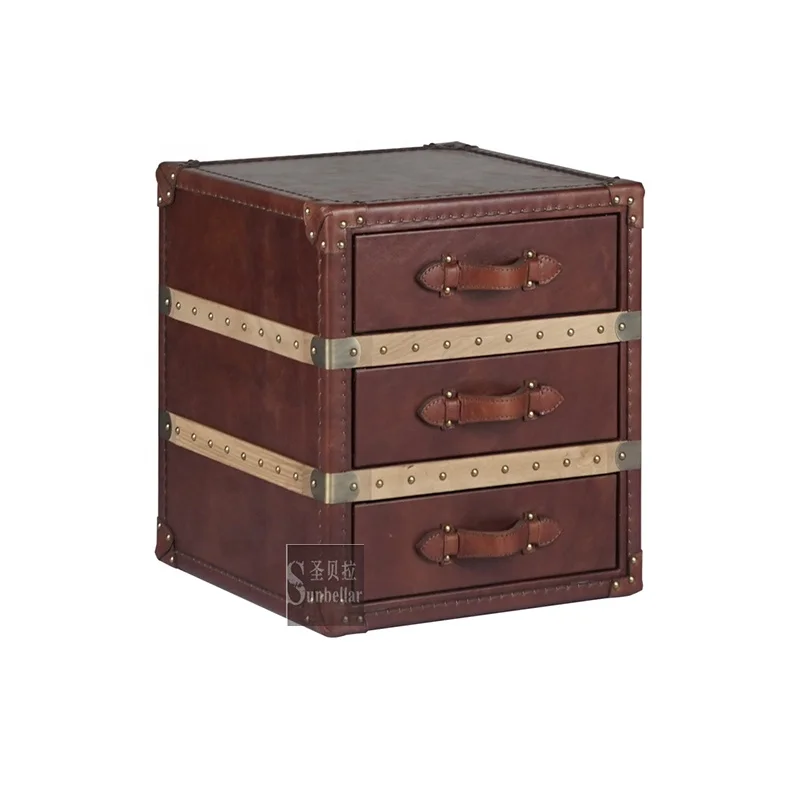 vintage genuine leather bedside night stand with 3 drawer side table chests cabinet bedroom night stand home furniture