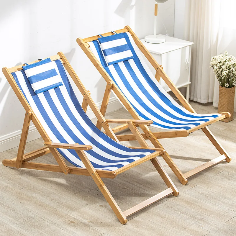 Adjustable Height Red Stripe Pattern Moon Chair Foldable Wooden Beach Chair With Pillow