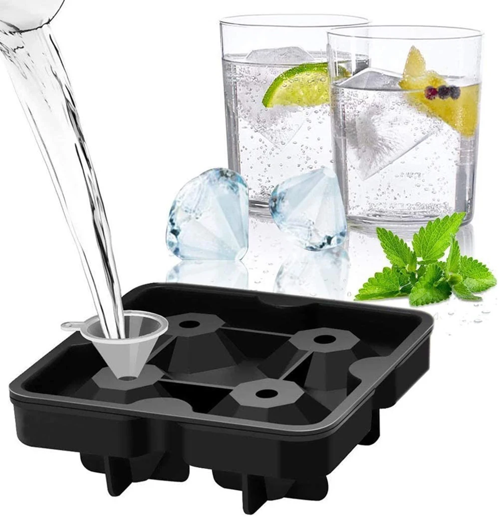 Amazon Hot Selling  Diamond Silicone Ice Cube Mold  4 Cavities Soft  Ice Cube Maker Tray with Cover
