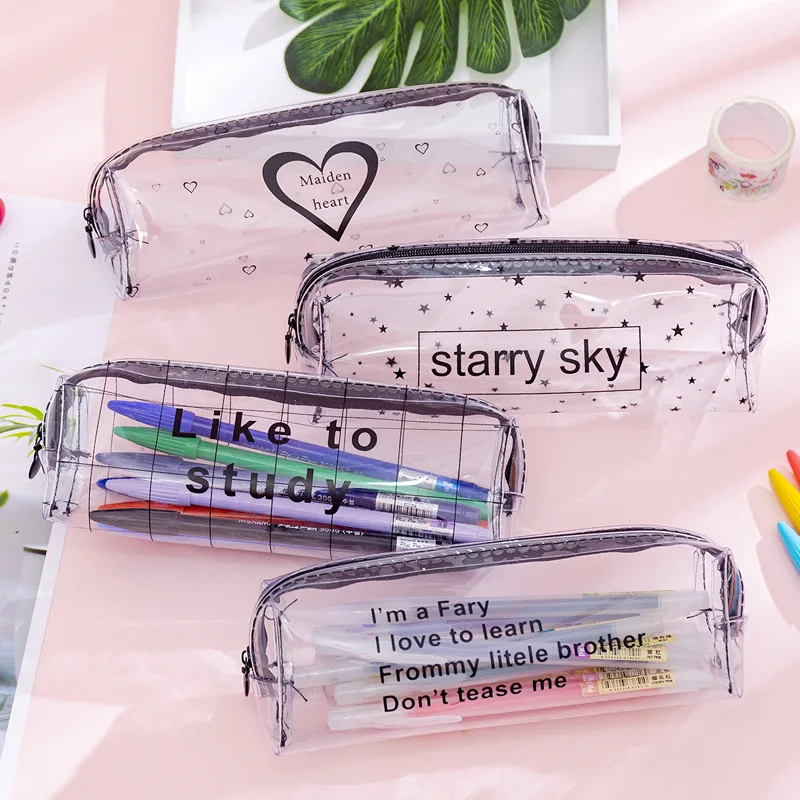 Lovely Waterproof Pencil Case Letter Octagonal Pencil Bag School Supplies Stationery Transparent Cartoon Custom 10pcs 18.6*6.1cm