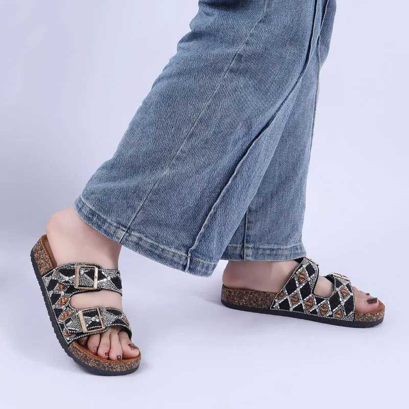 Customized Logo PVC Shoes Women Rhinestone Sandals Popular Double Buckle Sandals Soft Cork Slippers For Mujer