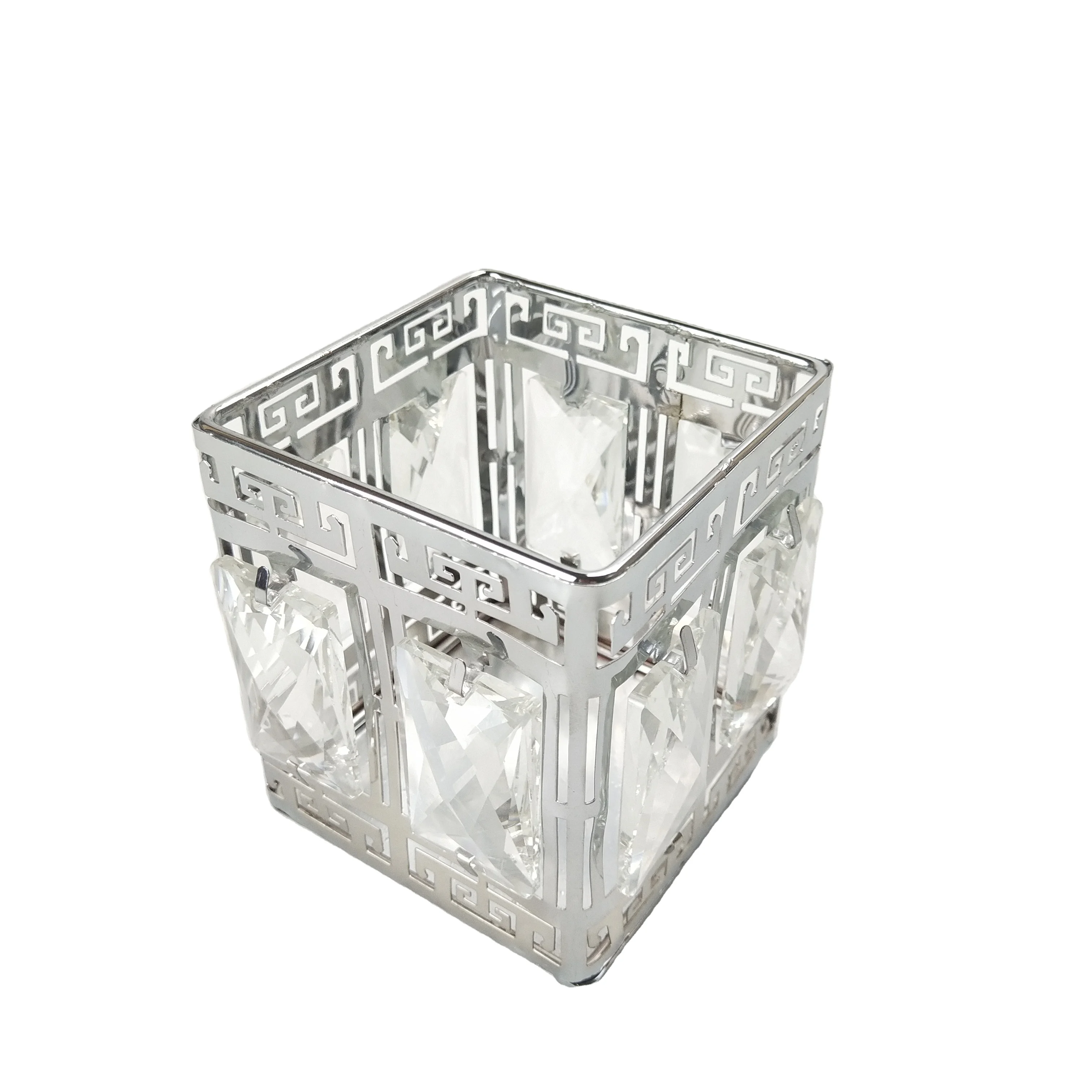 Office Desk Organizer Metal Square Silver Crystal Crafts Bathroom Vanities Cosmetic Make up Brush Storage Holder Organizer