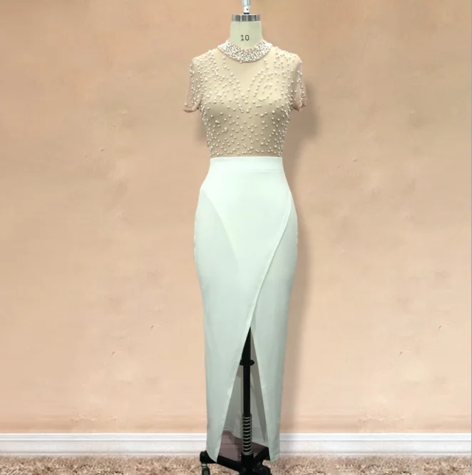 H & D Women Fashion Sexy Dress Open Hairpin Round Neck Tulle Beaded Short Sleeve Women Evening Party Dress