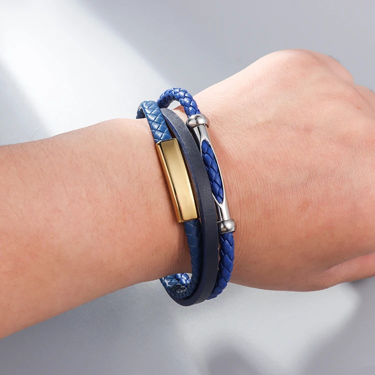 Braided Leather Bracelets Male Custom Logo Wrap Genuine Leather Bracelet for Men Personalized