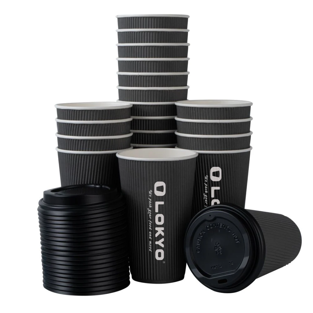 LOKYO Bio-degradable pla takeaway black 8oz 12oz 16oz ripple double wall paper cup disposable hot paper coffee cup with lids