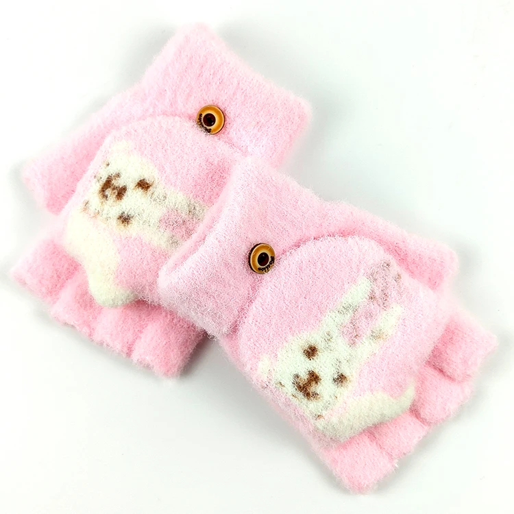 Convertible Flap Cover KidsFaux Mink Fur Fingerless Gloves with Adorable Rabbit Pattern for Girls Boys