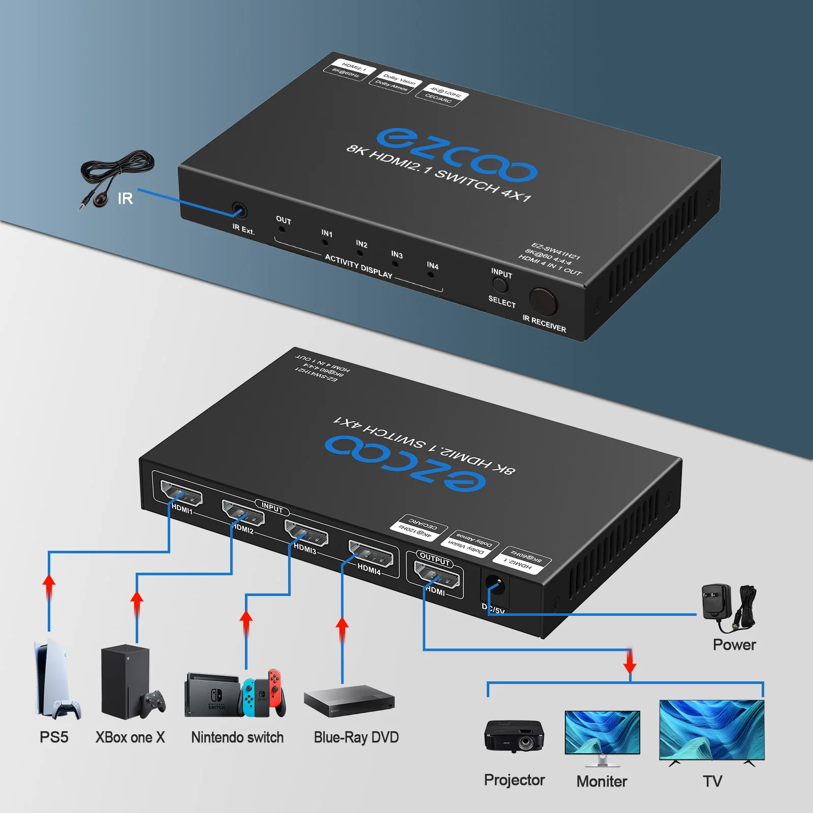 8K HD-MI Switch 4 in 1 out HD-MI switcher 8K@60Hz and 4K120Hz VRR HDCP2.3 HDR D-olby vision Atmos Remote control CEC