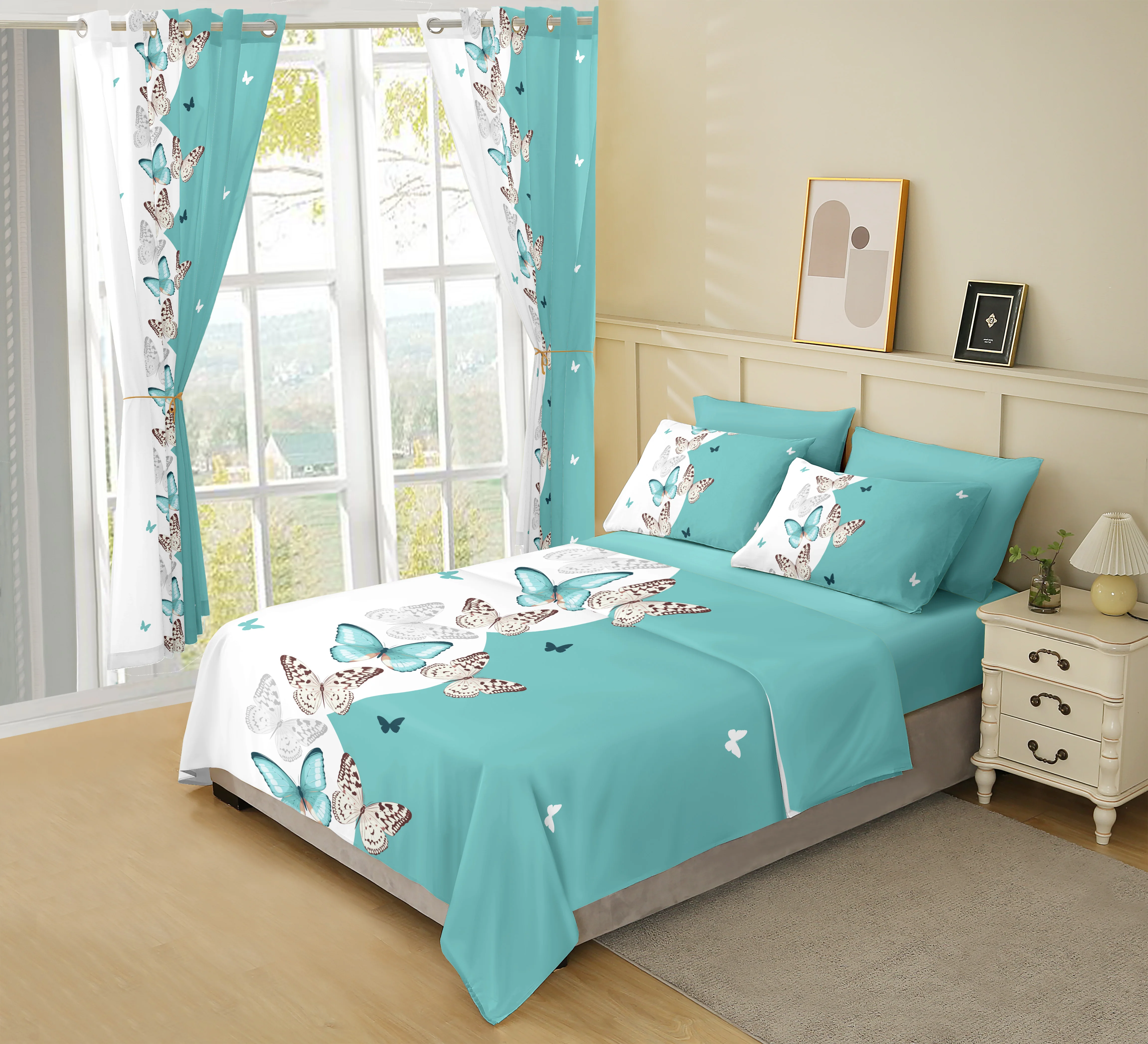 8pc designer Luxury Ultra Soft Comforter All Season duvet bed sheet with curtains bedding set