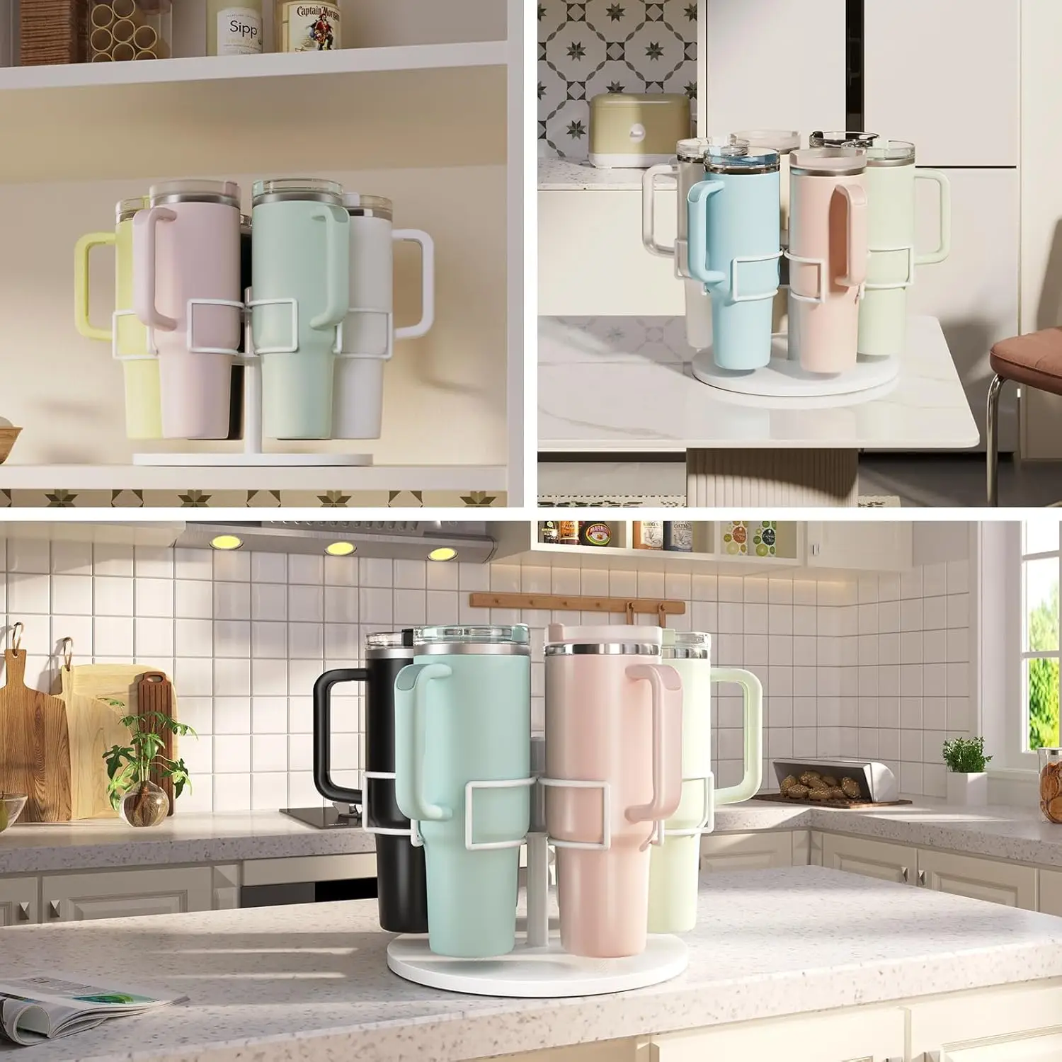 Stanley 40 oz Cup Organizer Storage Rotating Tumbler Holder Water Bottle Rack for Kitchen Organization with Non-Slip Pad
