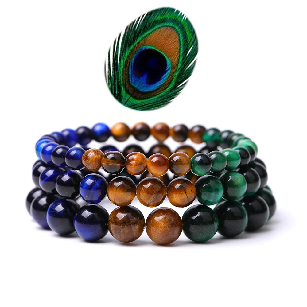 Natural Stone Semi-Precious Blue Yellow Tiger Eye Healing Peacock Feather Design Gemstone Beaded Bracelet for Women Men