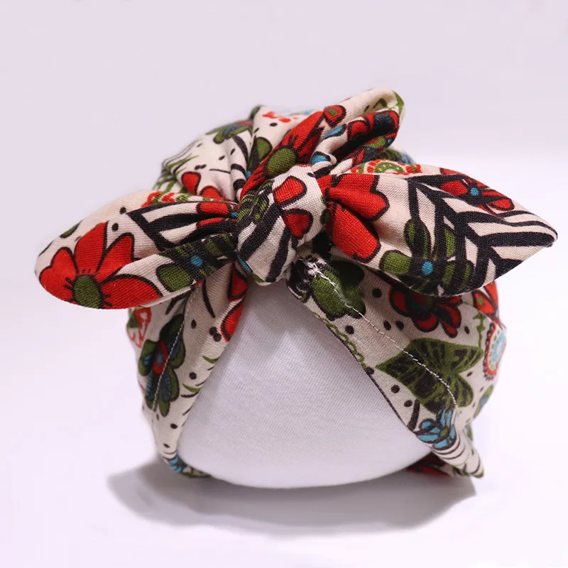 New baby knitted cotton hat tire bow custom printed soft assorted kids bonnet