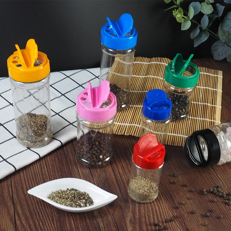 New professional blue 100ml round plastic salt and pepper shaker, Good Quality hand operated black 100ml round glass salt shaker