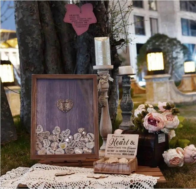 Custom Wedding Decorations Wooden Wedding Guest Book Drop Top Frame Sign Book With Wooden Hearts//
