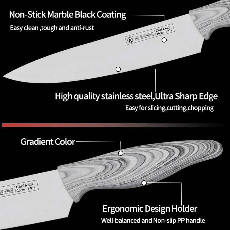 
Kitchen King 8 pcs white wood coated handle chef knife set with rotating stand 