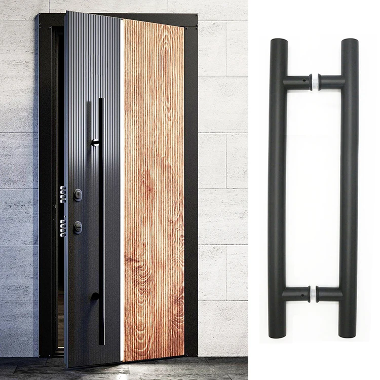 D shape Round Bar wooden door handles aluminum front main door stainless steel black pull glass door handle black
