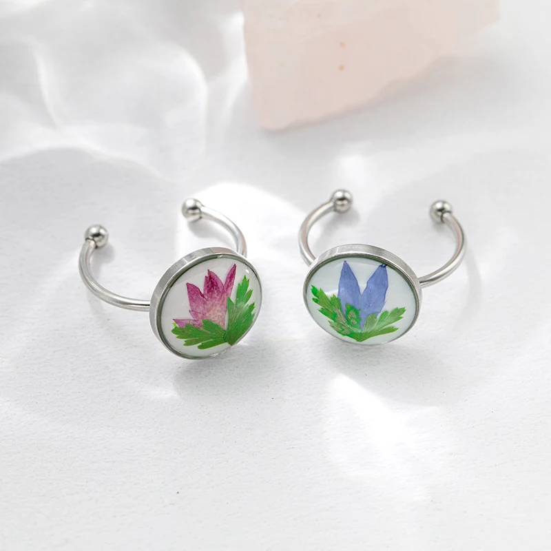 Manufacturers Stainless Steel Sliver Handmade Butterfly Resin Open Dried Flower Ring Fashion Jewelry for Women