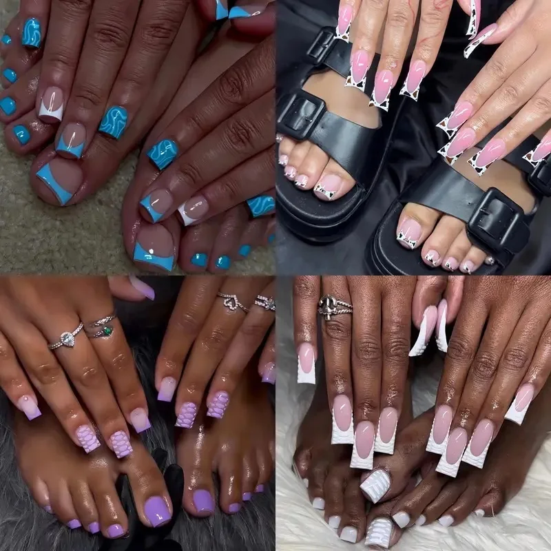 Luxury Design French Press on Acrylic Fake Nails and Toes Set Flash Diamonds Beautiful Square Artificial Toe False Nail Tips