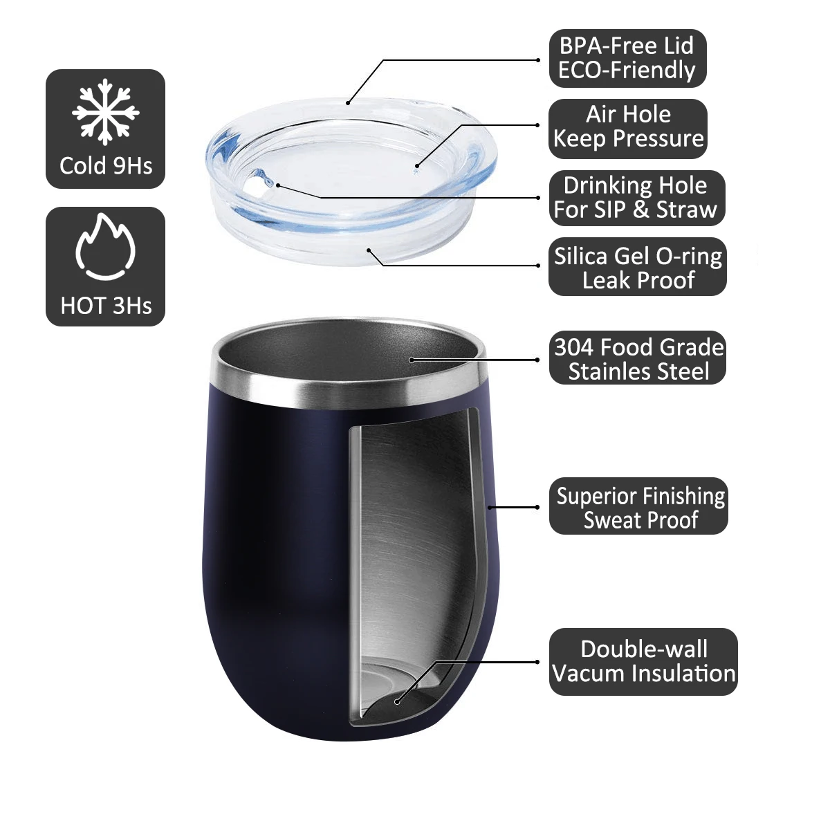 Factory Wholesale Customized 12oz Sublimation Wine Glass Cup Stainless Steel Insulated Reusable Egg Wine Tumbler Cup With Lid