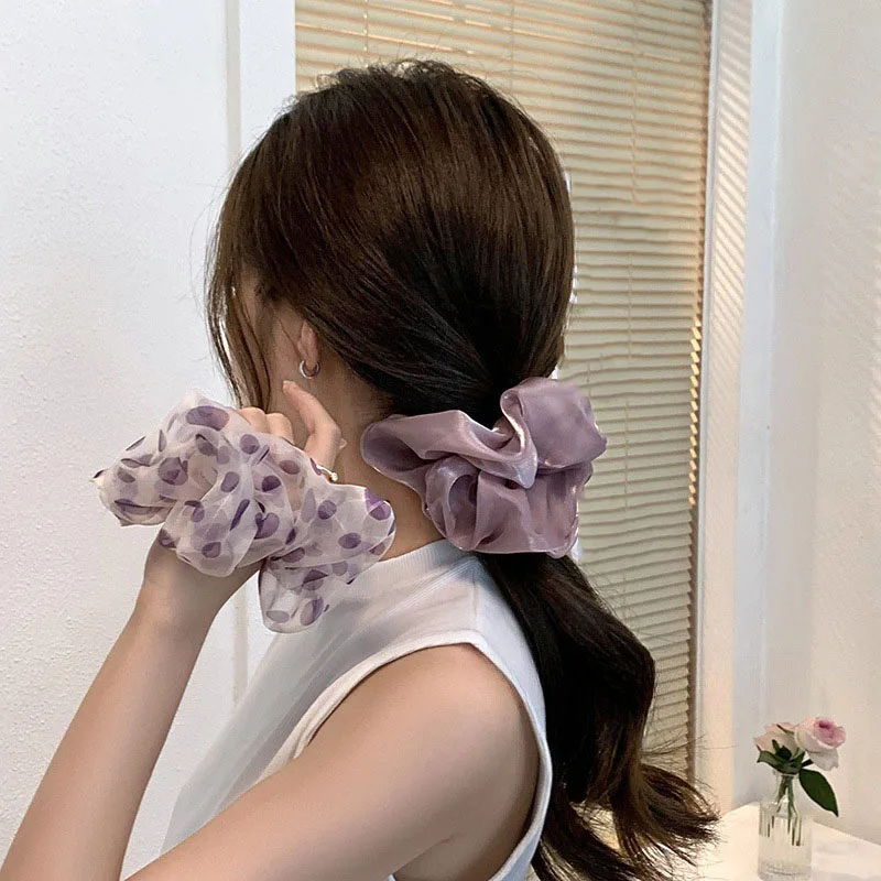 Fashion Summer Purple Polka Dot Mesh Women Hair Tie Elegant Shiny Lace Hair Scrunchies Girls Hair Accessories