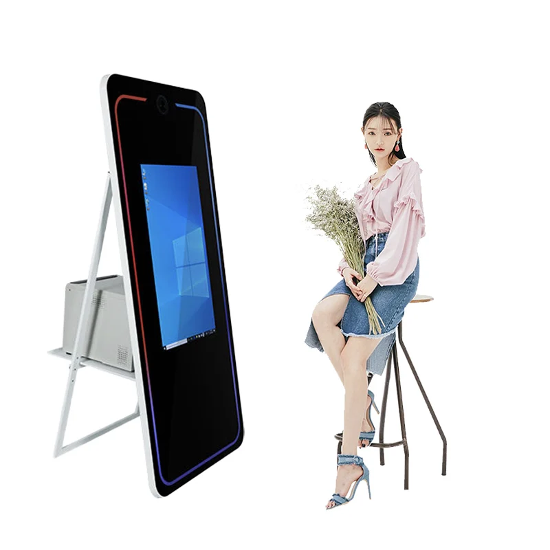 Portable Selfie 360 Degree Platform Spinner Business Photobooth 15.6 Print Wood Mirror Photo Booth