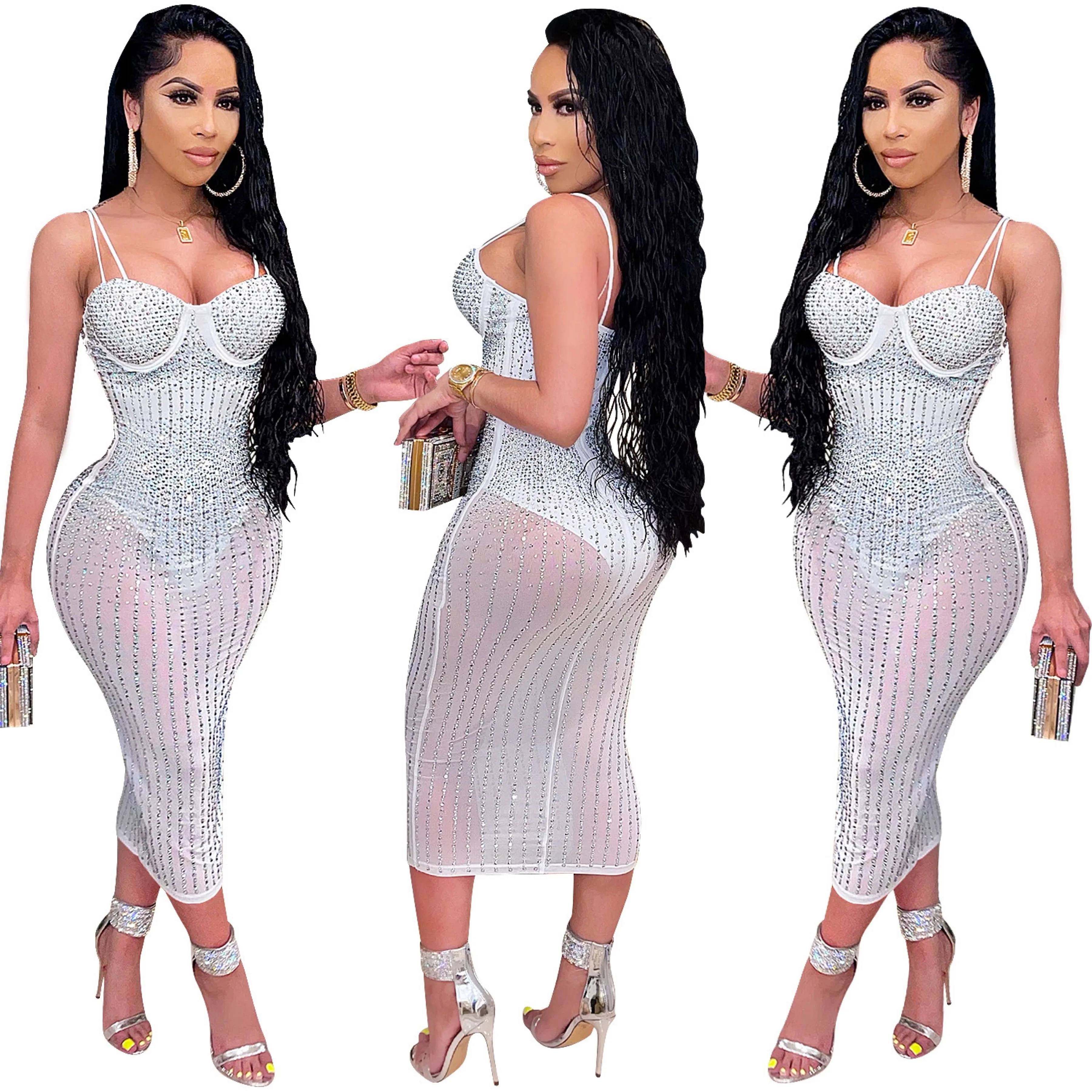 2020 ladies fashion Suspender dress casual Rhinestone Mesh Fabric Night Club Wear women fashion Midi Sexy dresses